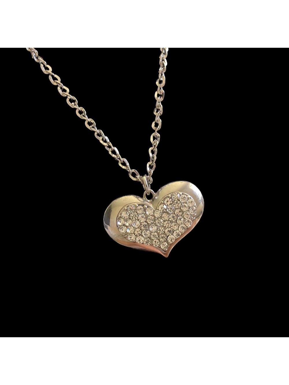 Silver Tone Double Heart Pendant Necklace Rhinestones Statement Costume Jewelry